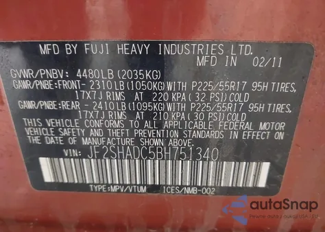 2011 Subaru Forester 2.5X Premium from USA, damaged, VIN JF2SHADC5BH751340